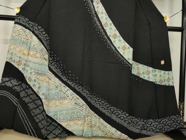 平和屋着物●訪問着 作家物 絞り 型染め 更紗花唐草文 黒地 正絹 逸品 AABJ1419ck