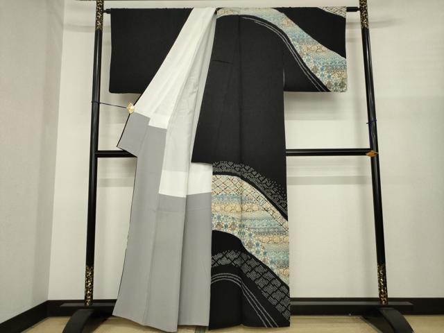 平和屋着物●訪問着 作家物 絞り 型染め 更紗花唐草文 黒地 正絹 逸品 AABJ1419ck
