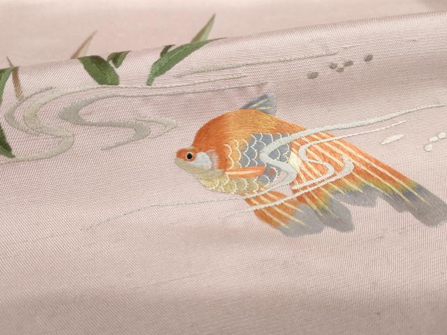 平和屋着物●訪問着 紬地 蘇州刺繍 金魚 伊と幸 反端付き 正絹 逸品 未使用 AABJ1428ck