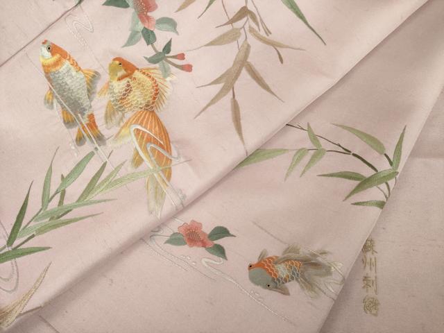 平和屋着物●訪問着 紬地 蘇州刺繍 金魚 伊と幸 反端付き 正絹 逸品 未使用 AABJ1428ck