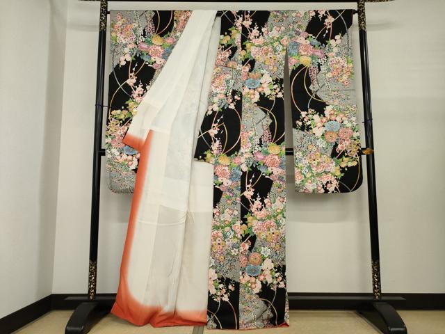 平和屋着物●豪華振袖 舞花文 黒地 正絹 逸品 AABJ1444ck
