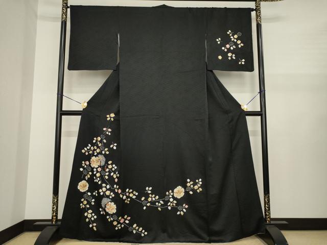 平和屋着物●訪問着 絞り 雪輪花文 黒地 金彩 正絹 逸品 AABJ1472ck