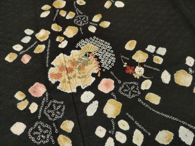 平和屋着物●訪問着 絞り 雪輪花文 黒地 金彩 正絹 逸品 AABJ1472ck