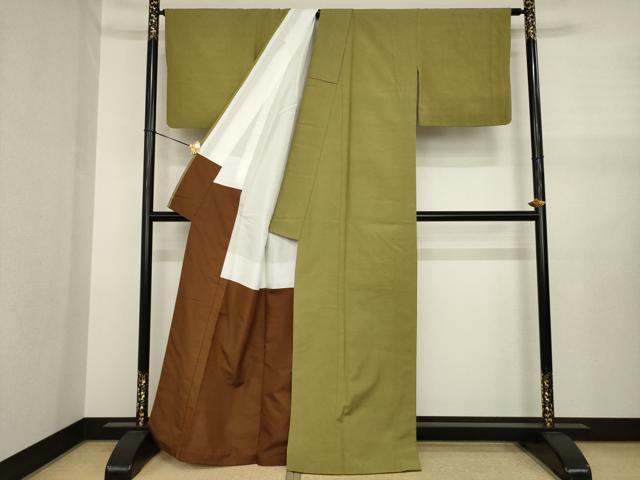 平和屋着物●結城紬 色無地 国防色 正絹 逸品 AABJ1486ck