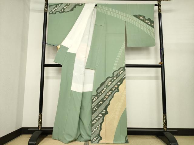 平和屋着物●十日町 名門 滝泰謹製 訪問着 絞り 雪輪重ね花文 反端付き 正絹 逸品 AABJ1494ck