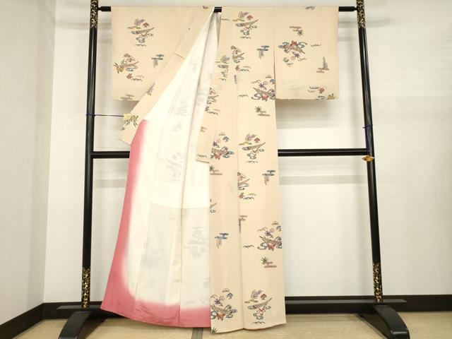 平和屋着物●上質な小紋 型染め 流水花文 渡し舟 鬼しぼ縮緬 正絹 逸品 AABJ1496ck
