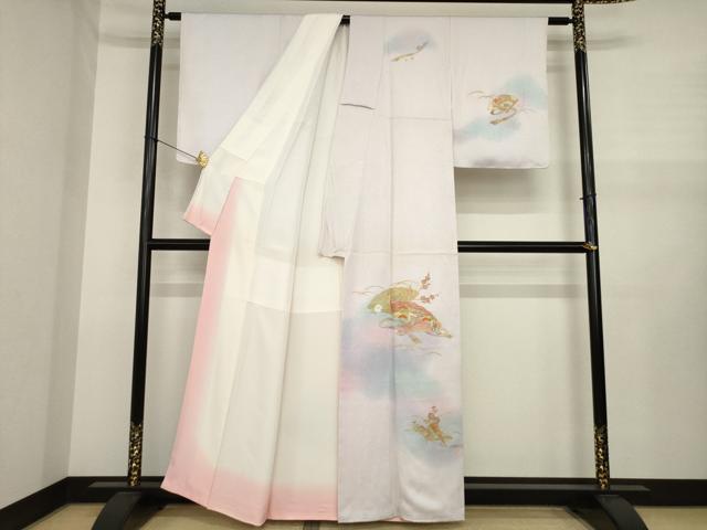 平和屋着物●訪問着 刺繍 扇面御所車花文 暈し染め 金彩 反端付き 正絹 逸品 AABJ1501ck