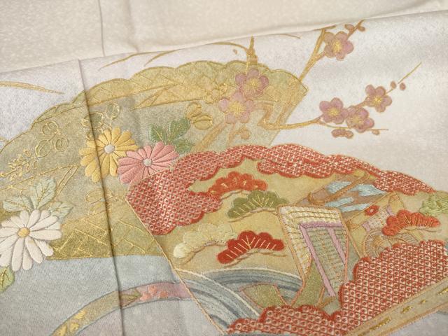 平和屋着物●訪問着 刺繍 扇面御所車花文 暈し染め 金彩 反端付き 正絹 逸品 AABJ1501ck