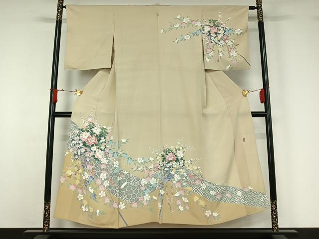平和屋着物▽十日町友禅 女流作家 遠田藤舟 訪問着 単衣 吉祥花文 正絹 逸品 AABJ1542jh