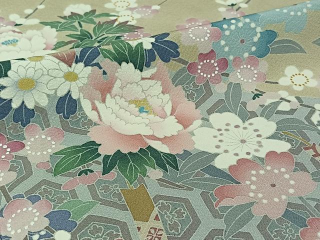 平和屋着物▽十日町友禅 女流作家 遠田藤舟 訪問着 単衣 吉祥花文 正絹 逸品 AABJ1542jh