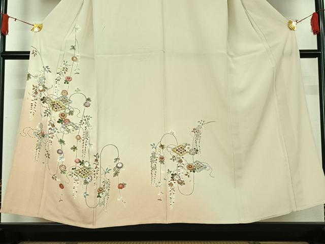 平和屋着物▽訪問着 単衣 駒刺繍 花菱文 暈し染め 金彩 正絹 逸品 AABJ1543jh