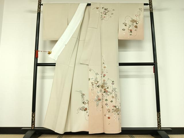 平和屋着物▽訪問着 単衣 駒刺繍 花菱文 暈し染め 金彩 正絹 逸品 AABJ1543jh