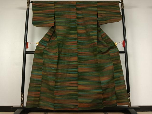 平和屋着物▽上質な紬 単衣 横段文 正絹 逸品 AABJ1548jh