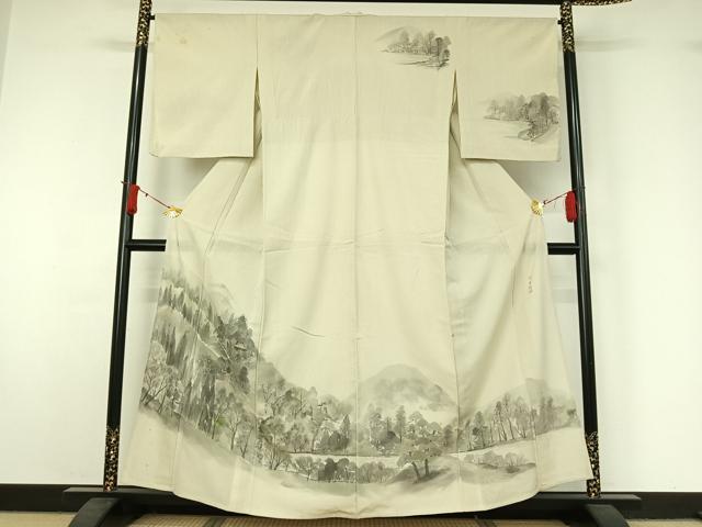 平和屋着物▽訪問着 単衣 紬地 作家物 手描き 風景文 正絹 逸品 AABJ1549jh