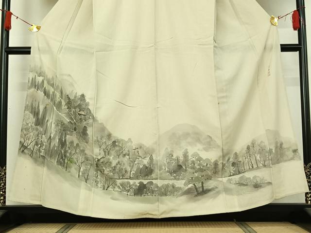平和屋着物▽訪問着 単衣 紬地 作家物 手描き 風景文 正絹 逸品 AABJ1549jh