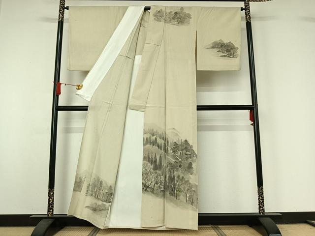 平和屋着物▽訪問着 単衣 紬地 作家物 手描き 風景文 正絹 逸品 AABJ1549jh