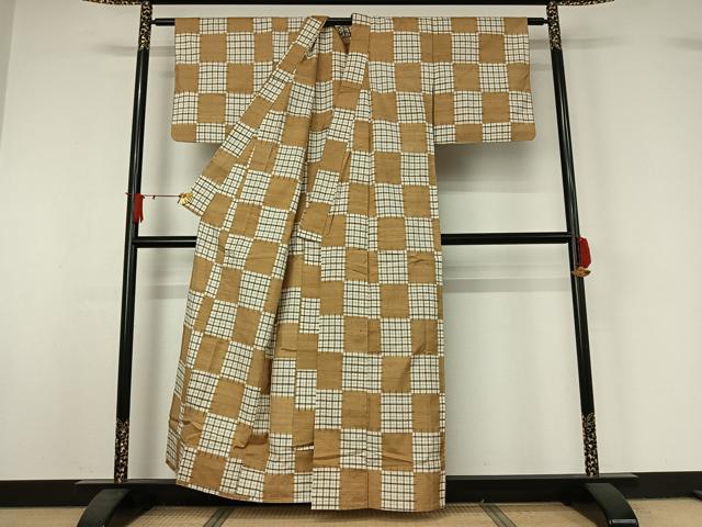 平和屋着物▽上質な紬 単衣 市松文様 正絹 逸品 AABJ1552jh