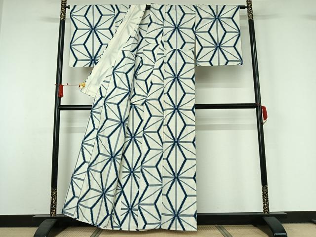 平和屋着物▽上質な紬 単衣 麻の葉文様 正絹 逸品 AABJ1555jh