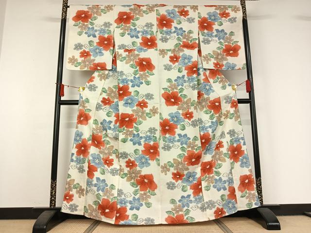 平和屋着物▽小千谷紬 単衣 草花文 正絹 逸品 AABJ1572jh