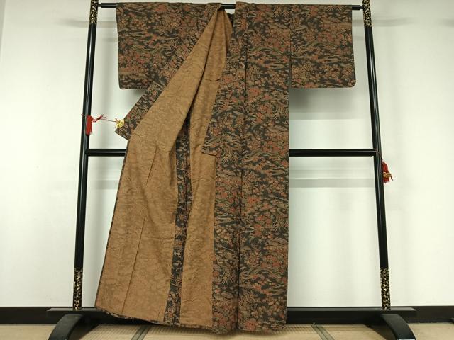 平和屋着物▽上質な小紋 単衣 紬地 風景花文 正絹 逸品 未使用 AABJ1576jh