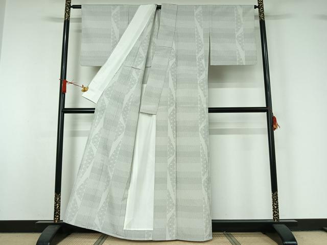 平和屋着物▽本塩沢 単衣 麻の葉横段文 正絹 逸品 AABJ1579jh