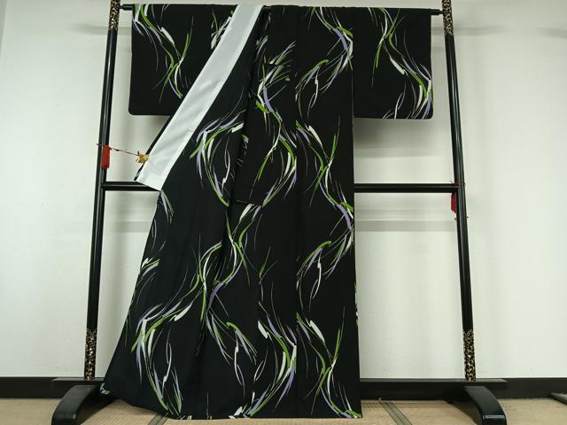 平和屋着物▽小紋 単衣 霞文 黒地 洗える着物 AABJ1592jh