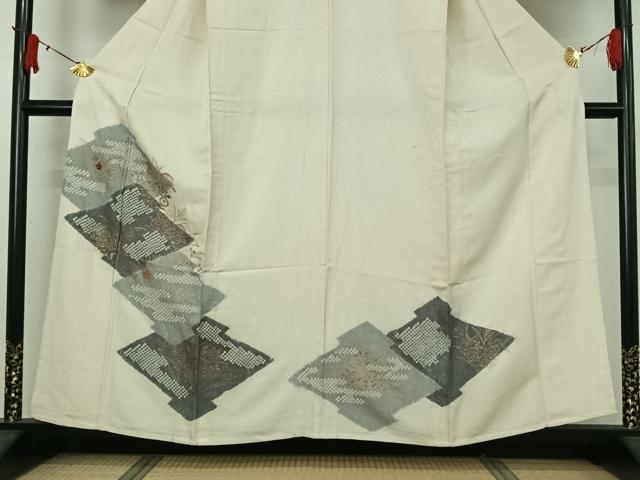 平和屋着物▽訪問着 単衣 絞り 松皮菱花文 金糸 金彩 銀通し地 正絹 逸品 AABJ1596jh