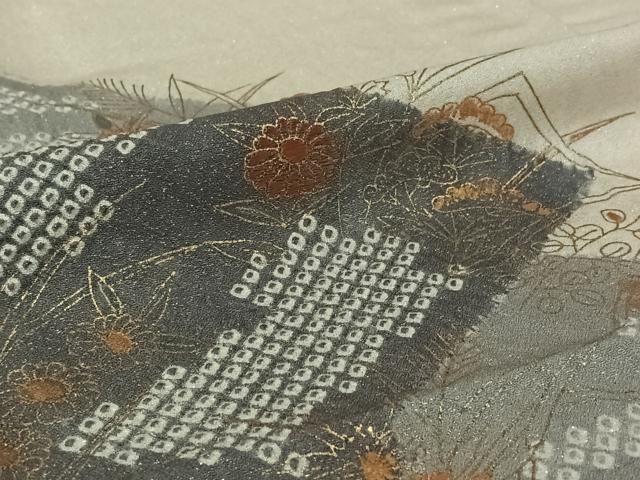 平和屋着物▽訪問着 単衣 絞り 松皮菱花文 金糸 金彩 銀通し地 正絹 逸品 AABJ1596jh
