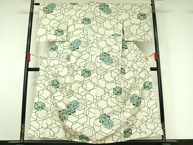 平和屋着物▽上質な紬 単衣 亀甲花文 正絹 逸品 AABJ1606jh