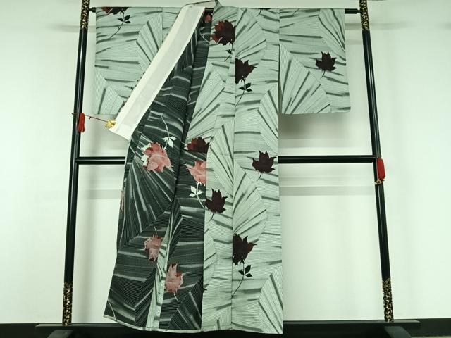平和屋着物▽お召 単衣 草花文 銀糸 正絹 逸品 AABJ1618jh