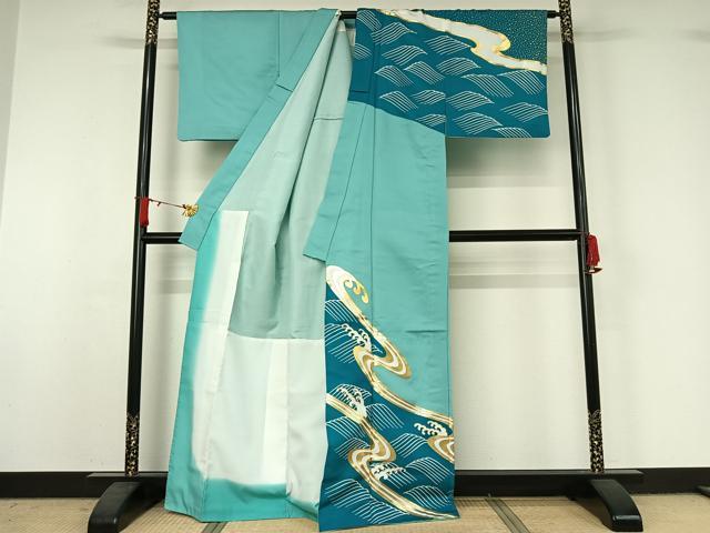 平和屋着物▽男性 訪問着 単衣 立波文 金彩 洗える着物 AABJ1626jh