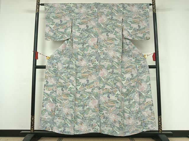 平和屋着物▽上質な小紋 単衣 人物風景文 鬼しぼ縮緬 正絹 逸品 AABJ1633jh