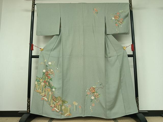 平和屋着物▽訪問着 単衣 枝花文 金銀彩 正絹 逸品 AABJ1639jh