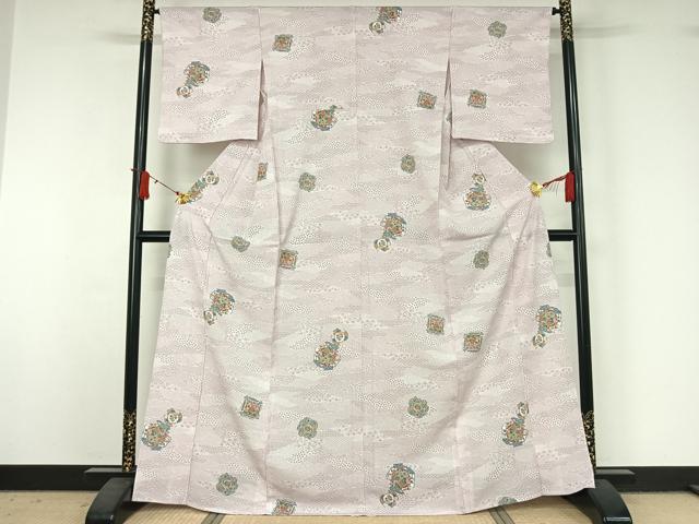 平和屋着物▽小紋 単衣 花絵皿文 洗える着物 AABJ1660jh