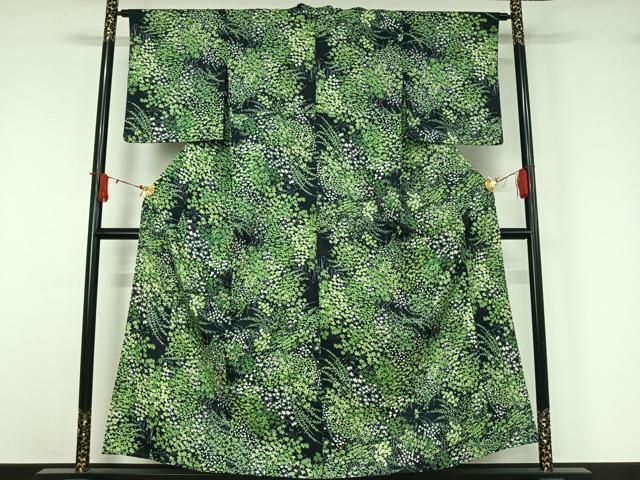 平和屋着物▽上質な小紋 単衣 草花文 黒地 正絹 逸品 AABJ1662jh