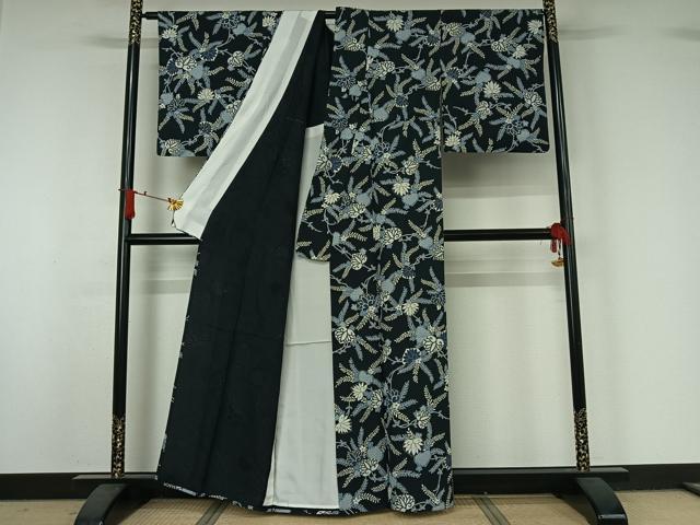 平和屋着物▽上質な小紋 単衣 草花文 葵 手引染 金彩 反端付き 正絹 逸品 AABJ1663jh