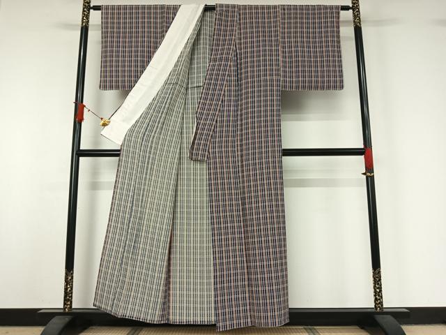 平和屋着物▽上質な小紋 単衣 格子 正絹 逸品 AABJ1683jh