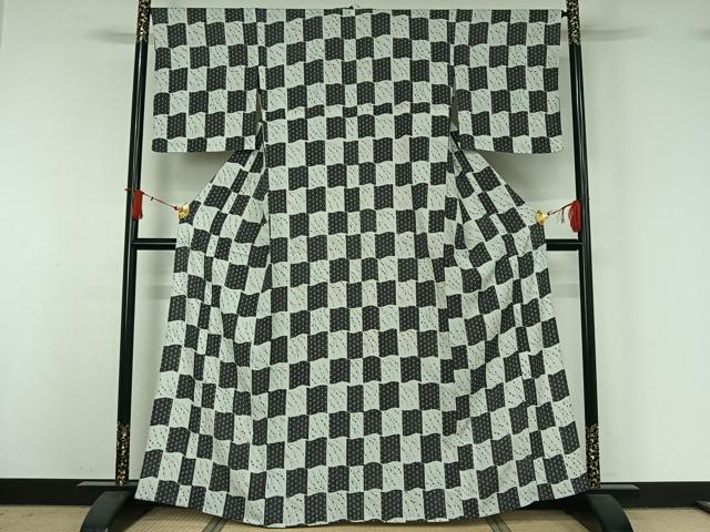 平和屋着物▽小紋 単衣 麻の葉花文 洗える着物 AABJ1684jh