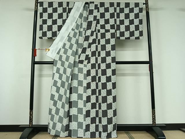 平和屋着物▽小紋 単衣 麻の葉花文 洗える着物 AABJ1684jh