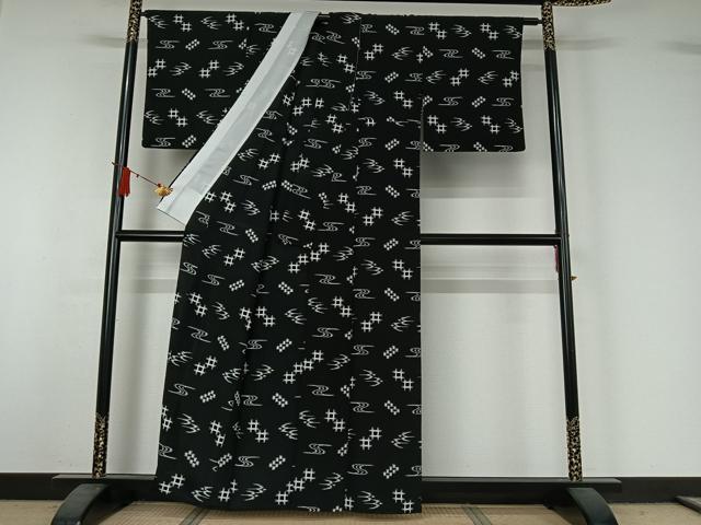 平和屋着物▽小紋 単衣 琉球絣文様 黒地 洗える着物 AABJ1701jh