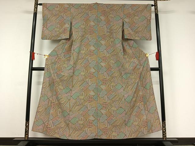 平和屋着物▽小紋 単衣 幾何学文様 鬼しぼ縮緬 洗える着物 AABJ1711jh