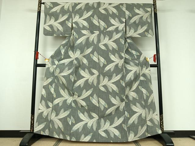 平和屋着物▽上質な紬 単衣 草葉文 正絹 逸品 AABJ1733jh