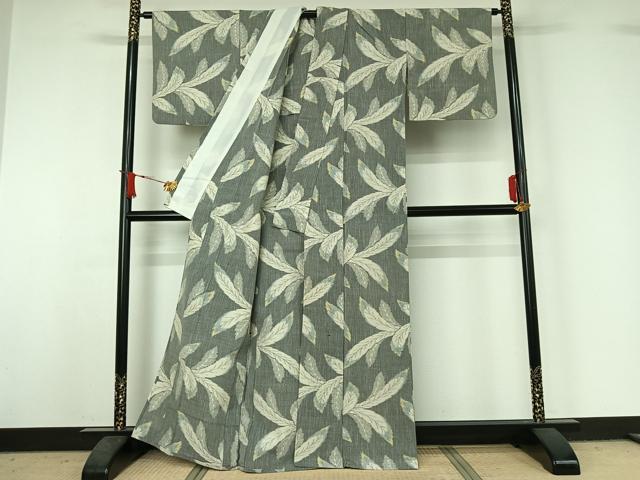 平和屋着物▽上質な紬 単衣 草葉文 正絹 逸品 AABJ1733jh