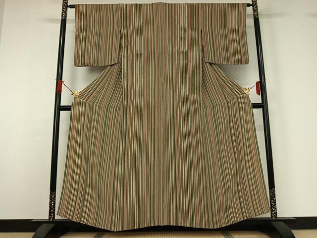 平和屋着物▽上質な小紋 単衣 縞 鬼しぼ縮緬 正絹 逸品 AABJ1738jh