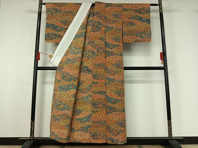 平和屋着物▽上質な小紋 単衣 紬地 草花文 正絹 逸品 未使用 AABJ1751jh