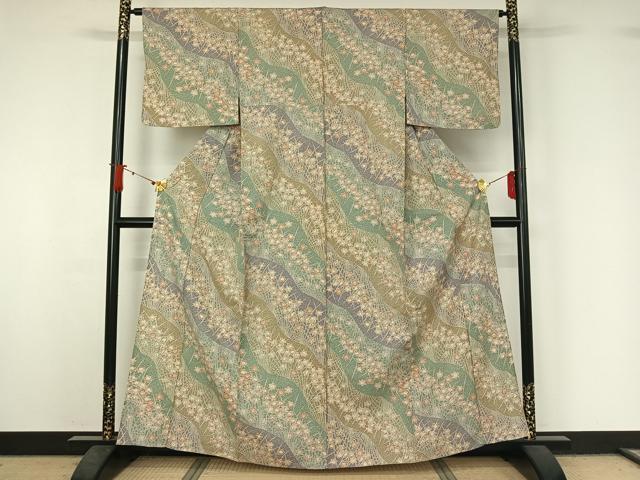平和屋着物▽上質な小紋 単衣 紬地 草花文 正絹 逸品 AABJ1763jh
