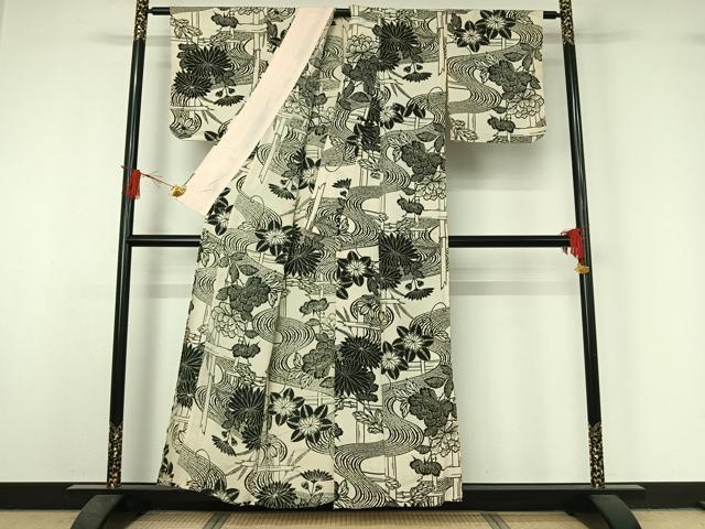 平和屋着物▽上質な小紋 単衣 型染め 流水花文 鬼しぼ縮緬 正絹 逸品 AABJ1768jh