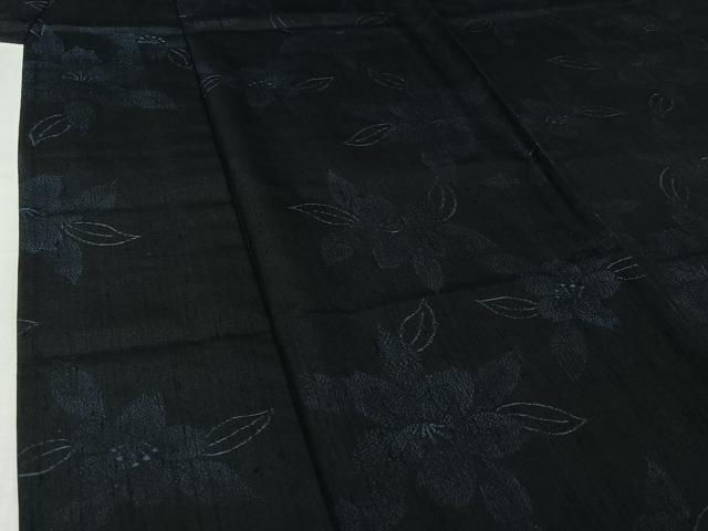 平和屋着物▽上質な紬 単衣 草花文 黒地 正絹 逸品 AABJ1774jh