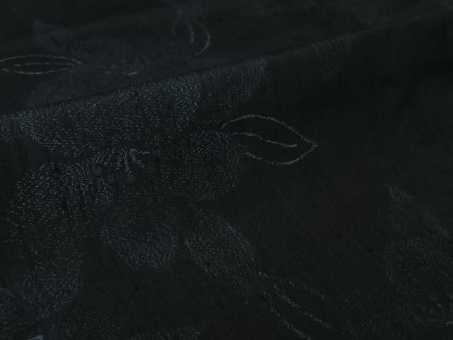 平和屋着物▽上質な紬 単衣 草花文 黒地 正絹 逸品 AABJ1774jh
