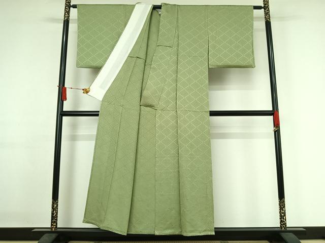 平和屋着物▽上質な色無地 単衣 菱地紋 山葵色 正絹 逸品 AABJ1787jh